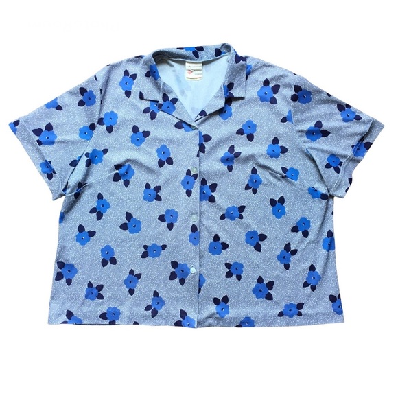Vintage blue floral boxy buttoned womens short sleeve top blouse button 44 large - Picture 1 of 10